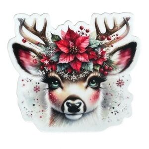 Die Cut Sticker Christmas Reindeer with red poinsettia crown. Set of 2
